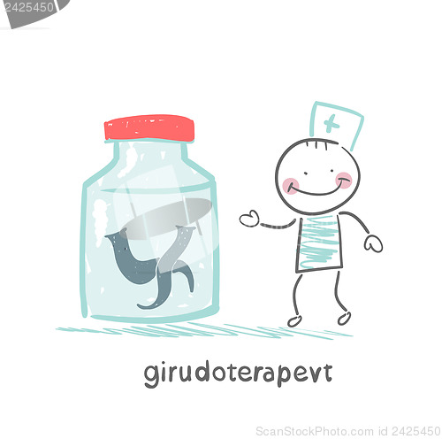 Image of girudoterapevt stands next to a jar of leeches