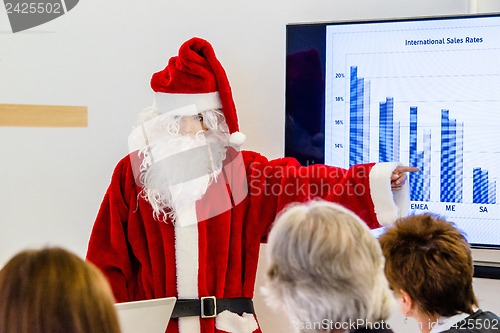 Image of Female Santa Claus presenting in business meeting