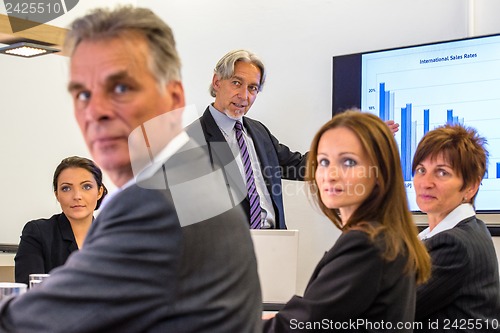 Image of Mixed group in business meeting looking at you