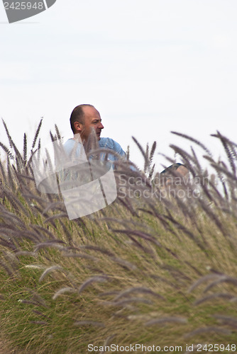 Image of handsome man sitting in a field of wheat
