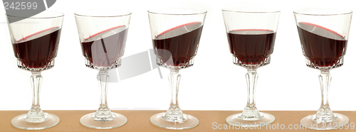 Image of Five wineglasses on a line