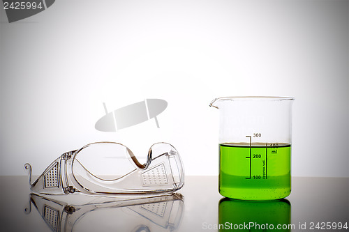 Image of Measuring glass with safety goggles