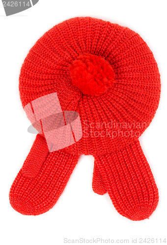 Image of Red knitted hat with pamponom with gloves