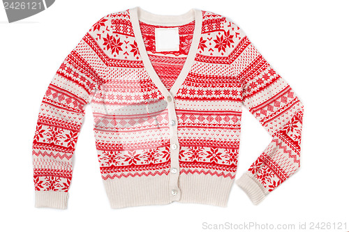 Image of Bright knitted sweater with red pattern