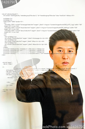 Image of pointing towards sourcecode projected on glass