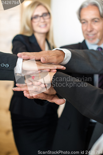 Image of Teamwork - business people with joint hands in the office