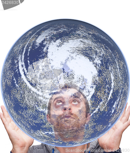 Image of man holds the earth and look up