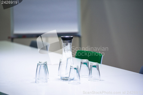 Image of Water bottle and glasses in meeting room