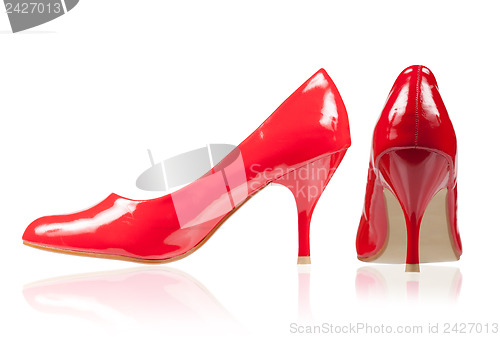 Image of Red shoes on a thin heel. View side and rear