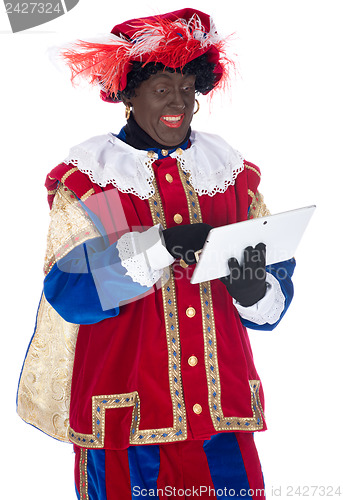 Image of Zwarte Piet with a tablet