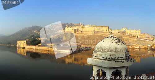 Image of panorama - fort and lake in Jaipur India