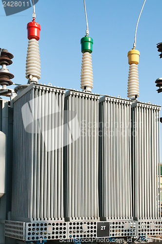 Image of transformer on high power station. High voltage