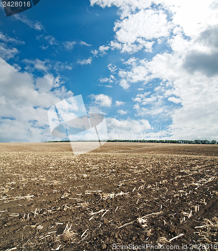 Image of black ploughed field under blue cloudy sky after harvesting