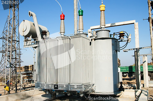 Image of transformer on high power station. High voltage