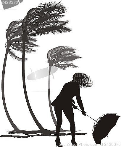 Image of Female in the wind and trees palms 