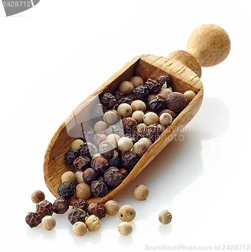 Image of wooden scoop with various peppers 