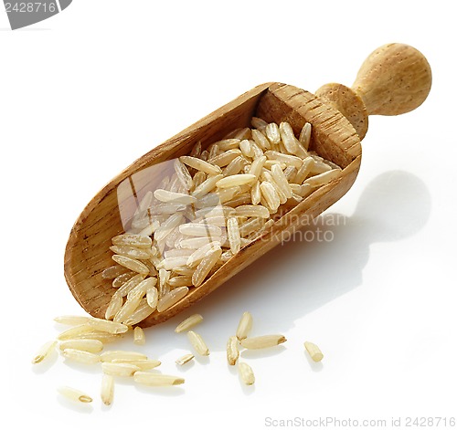 Image of wooden scoop with brown rice