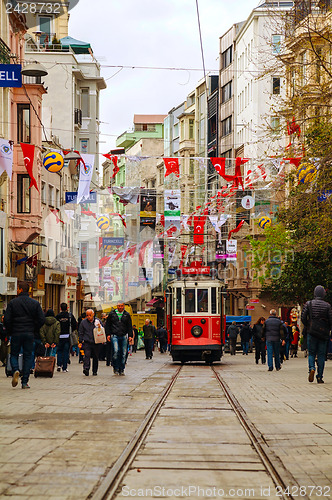 Image of Old-fashioned red tram at the street of Istanbul