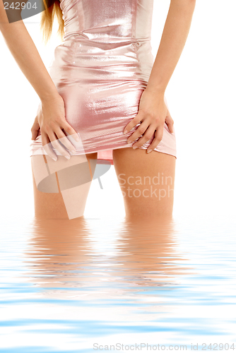 Image of lady in pink shiny dress standing in water