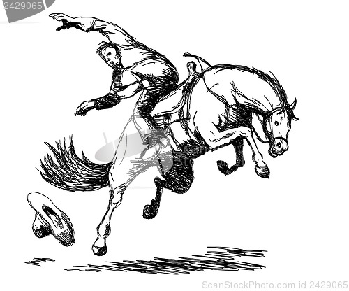 Image of Rodeo Cowboy Falling off Horse