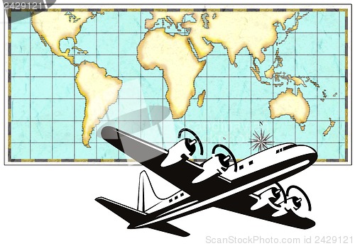 Image of World Map Old Style and Airplane
