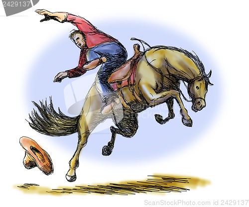 Image of Rodeo Cowboy Falling off Horse
