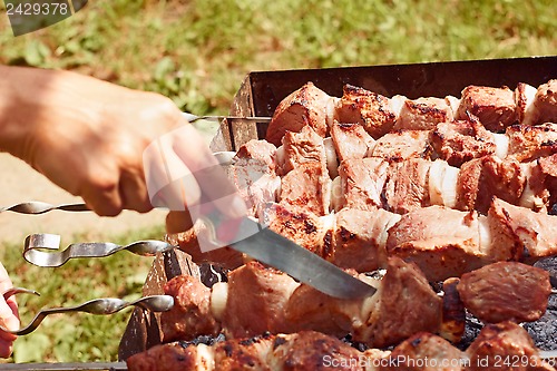 Image of Meat slices on the metal skewers close up