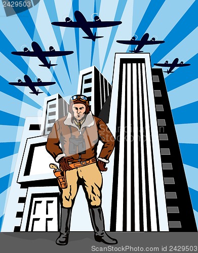 Image of Space Cowboy with Buildings and Airplane