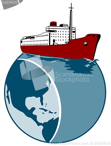 Image of Passenger Cargo Ship on Top of Globe