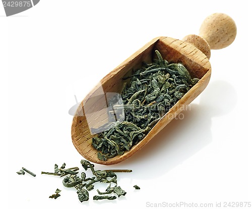 Image of wooden scoop with dried green tea