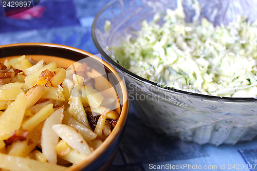 Image of plate full of tasty chips and salad from cabbage