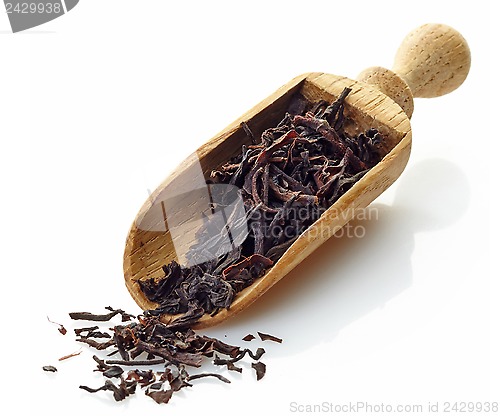 Image of wooden scoop with black Ceylon tea