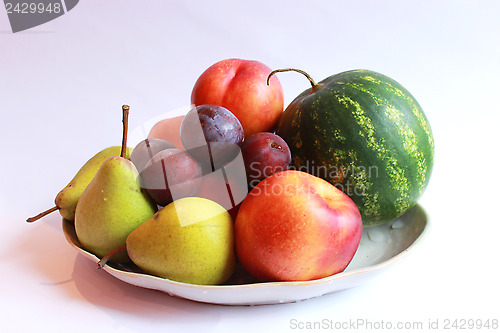 Image of still life from watermelon, pears, plum, nectarine