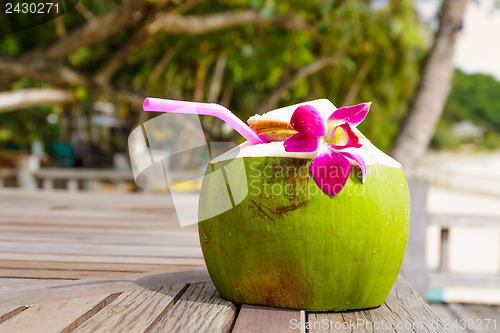 Image of Coconut drink on the wooden table