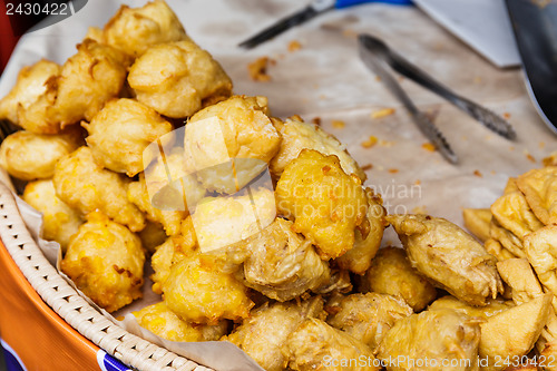 Image of Fried chicken pieces on the street market in Thailand