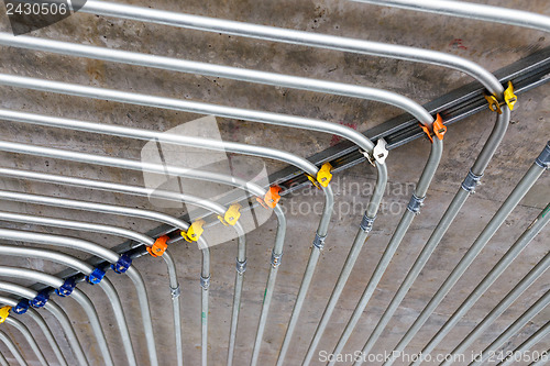 Image of Series of parallel old pipes on wall