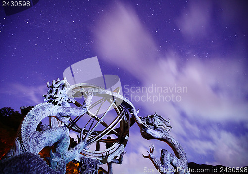 Image of Armillary sphere with galaxy sky