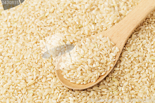 Image of Brown rice on wooden teaspoon