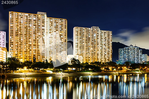 Image of illuminated building in Hong Kong at night