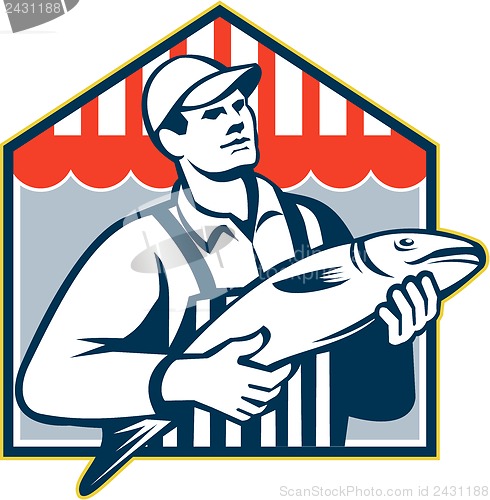 Image of Fishmonger Holding Fish Retro