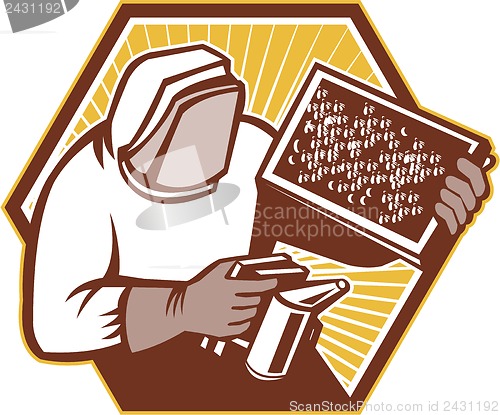 Image of Beekeeper Apiarist Holding Bee Brood Retro