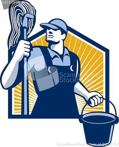 Image of Janitor Cleaner Holding Mop Bucket Retro