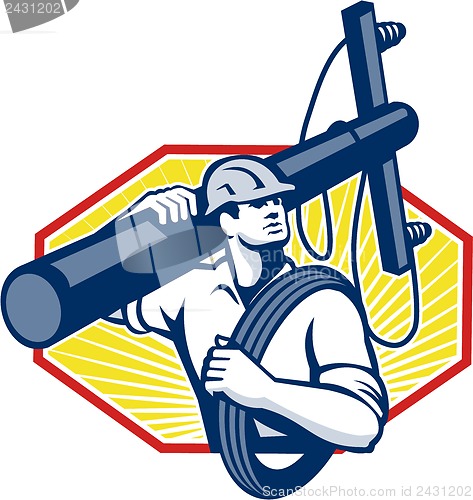 Image of Power Lineman Repairman Carry Electric Pole