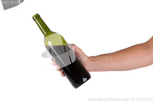 Image of Hand holding a bottle of red wine