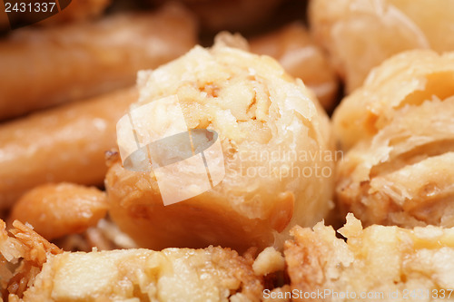 Image of Macro shot of a tasty arabian desert Baklava.  Is a rich, sweet 