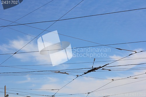 Image of Railroad railway catenary lines against clear blue sky. 