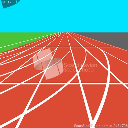 Image of Red treadmill at the stadium with white lines.  vector illustrat
