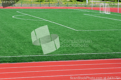 Image of Soccer green field artificial grass with white lines 