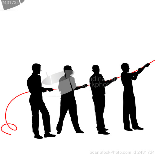 Image of Black silhouettes of people pulling rope?. Vector illustration.