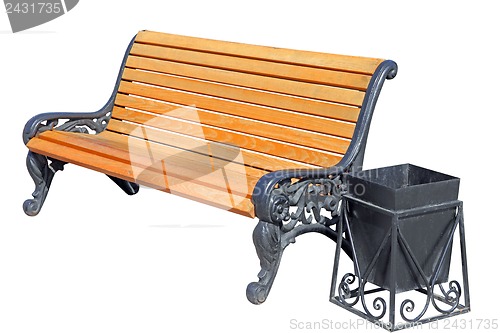 Image of wooden bench with an urn isolated on white background